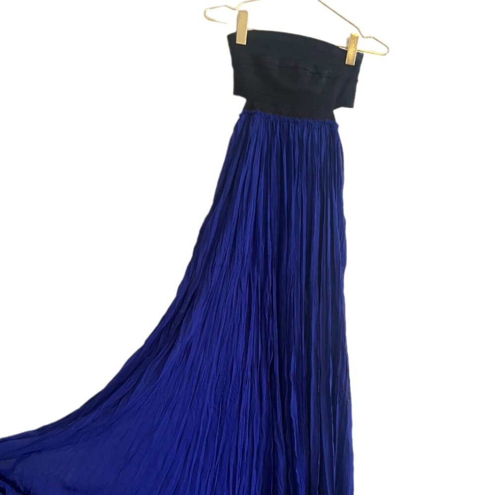 Olivaceous Strapless royal blue pleated maxi dress with black bodice.